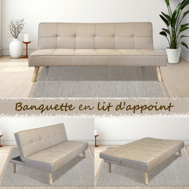 Banquette convertible 3 places en tissu taupe - Prix fous