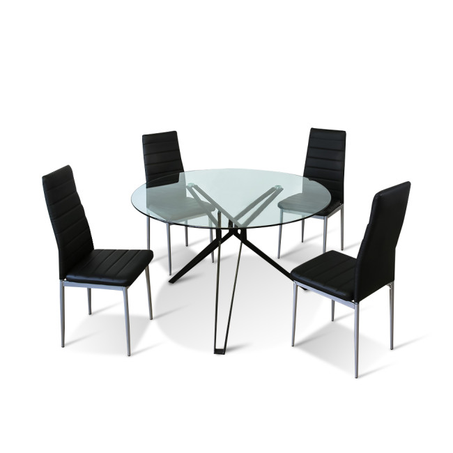 Ensemble table ronde en verre métal et 4 chaises simili noires - MateraLena