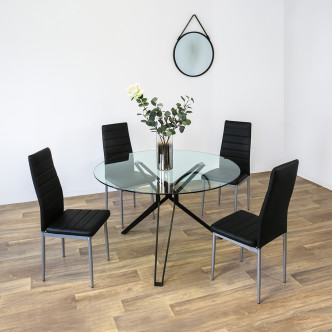 Ensemble table ronde en verre métal et 4 chaises simili noires - MateraLena