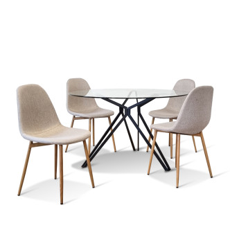 Ensemble table ronde en verre métal et 4 chaises scandinaves tissu beige - MateraEla
