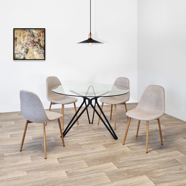 Ensemble table ronde en verre métal et 4 chaises scandinaves tissu beige - MateraEla