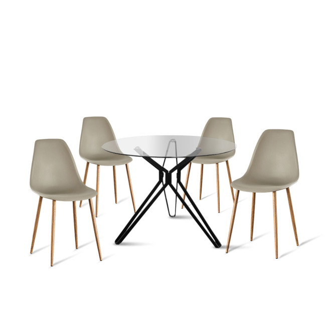 Ensemble table ronde en verre métal et 4 chaises scandinaves plastique beige - MateraEla