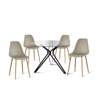 Ensemble table ronde en verre métal et 4 chaises scandinaves plastique beige - MateraEla