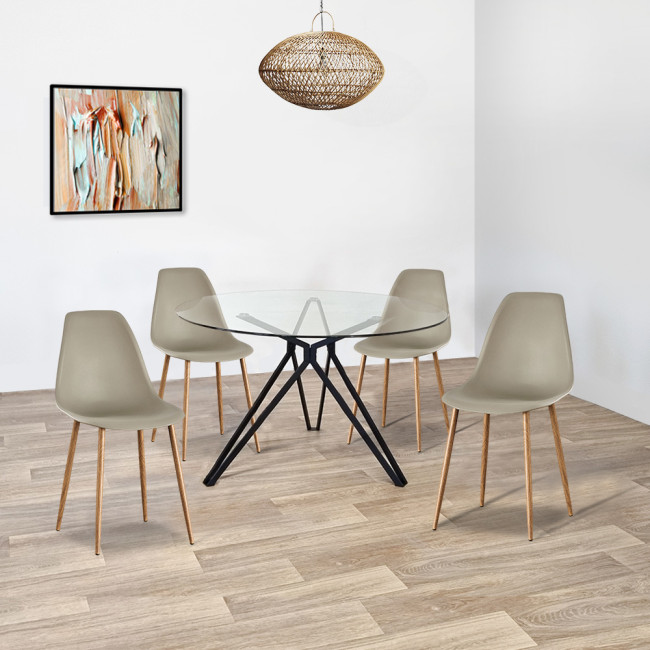 Ensemble table ronde en verre métal et 4 chaises scandinaves plastique beige - MateraEla