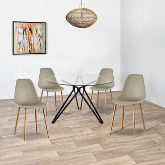 Ensemble table ronde en verre métal et 4 chaises scandinaves plastique beige - MateraEla