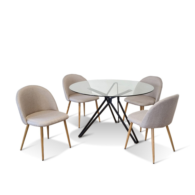 Ensemble table ronde en verre métal et 4 chaises scandinaves tissu beige - MateraRossi