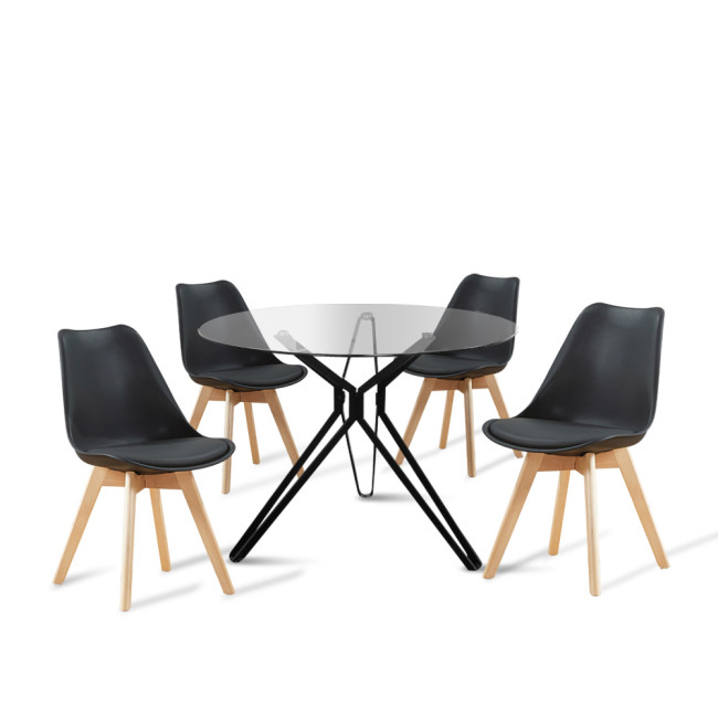 Ensemble table ronde en verre métal et 4 chaises scandinaves noires - MateraBjorn