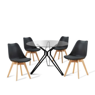 Ensemble table ronde en verre métal et 4 chaises scandinaves noires - MateraBjorn