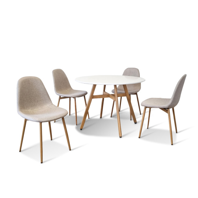 Ensemble table ronde bois et 4 chaises scandinaves tissu beige - UmbriaEla