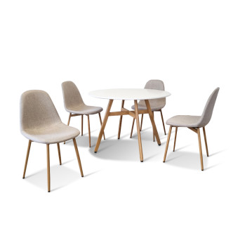 Ensemble table ronde bois et 4 chaises scandinaves tissu beige - UmbriaEla