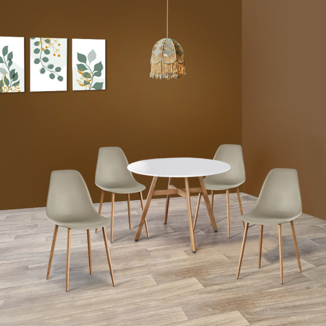 Ensemble table ronde bois et 4 chaises scandinaves plastique beige - UmbriaEla
