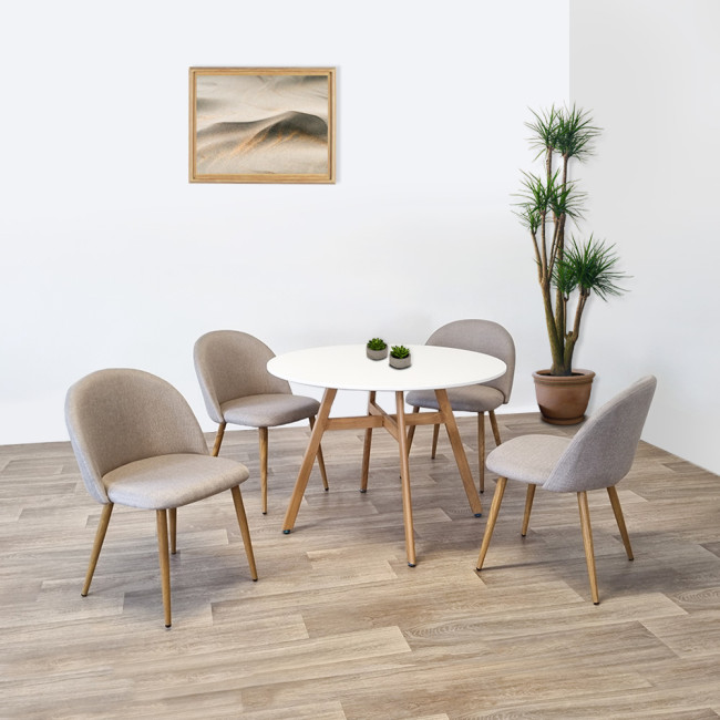 Ensemble table ronde bois et 4 chaises scandinaves tissu beige - UmbriaRossi