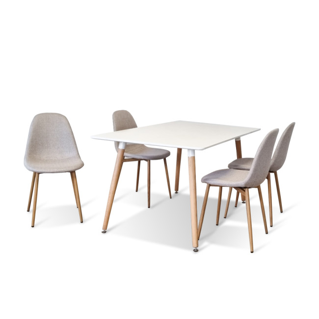 Ensemble table rectangulaire bois et 4 chaises scandinaves tissu beige - BrevikEla