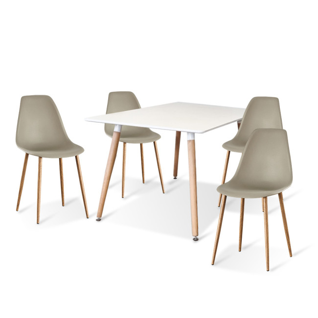 Ensemble table rectangulaire bois et 4 chaises scandinaves tissu beige - BrevikEla