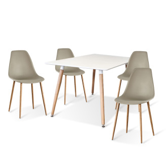 Ensemble table rectangulaire bois et 4 chaises scandinaves tissu beige - BrevikEla