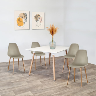 Ensemble table rectangulaire bois et 4 chaises scandinaves tissu beige - BrevikEla