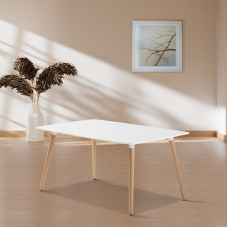 Ensemble table rectangulaire bois et 4 chaises scandinaves tissu beige - BrevikRossi
