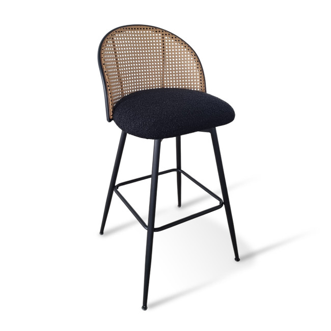 Tabouret de bar tissu bouclette noir et pivotant 360 ° en cannage de rotin - Neo