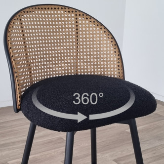 Tabouret de bar tissu bouclette noir et pivotant 360 ° en cannage de rotin - Neo