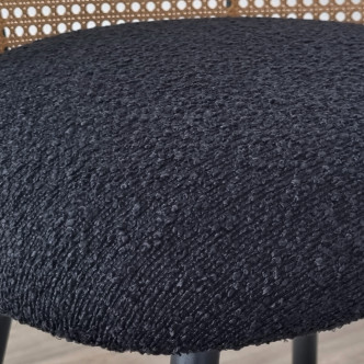 Tabouret de bar tissu bouclette noir et pivotant 360 ° en cannage de rotin - Neo