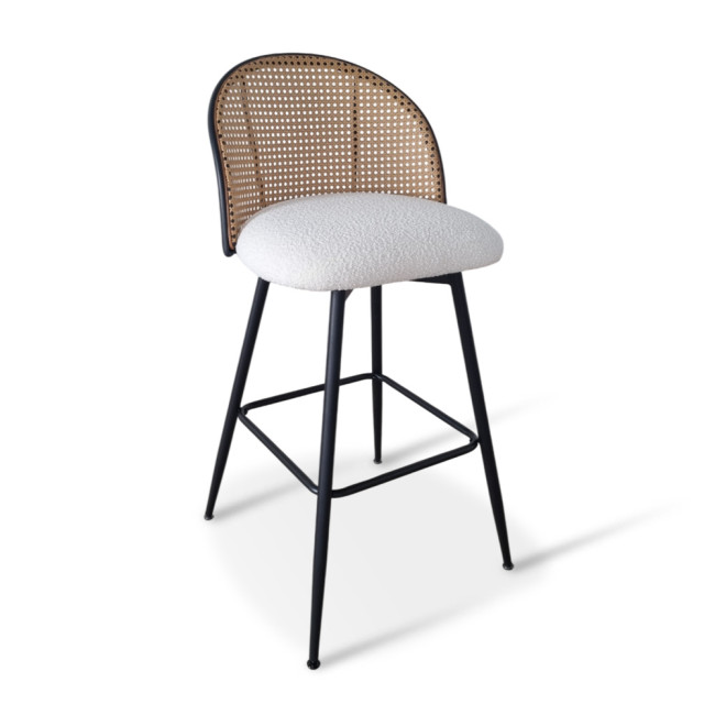 Tabouret de bar tissu bouclette blanc et pivotant 360 ° en cannage de rotin - Neo