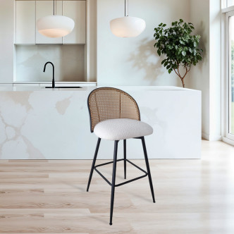 Tabouret de bar tissu bouclette blanc et pivotant 360 ° en cannage de rotin - Neo