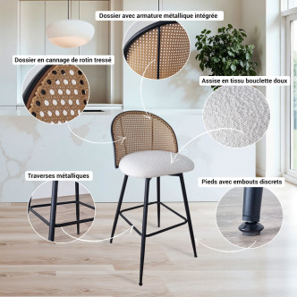 Tabouret de bar tissu bouclette blanc et pivotant 360 ° en cannage de rotin - Neo