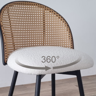 Tabouret de bar tissu bouclette blanc et pivotant 360 ° en cannage de rotin - Neo