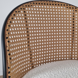 Tabouret de bar tissu bouclette blanc et pivotant 360 ° en cannage de rotin - Neo