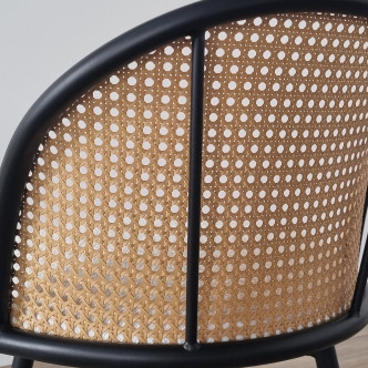 Tabouret de bar tissu bouclette blanc et pivotant 360 ° en cannage de rotin - Neo