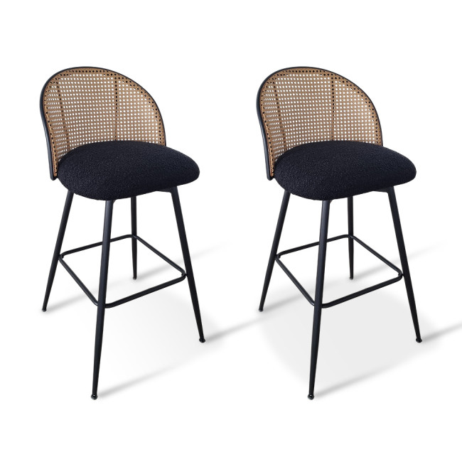 Lot de 2 tabourets tissu bouclette noir et pivotant 360 ° en cannage de rotin - Neo