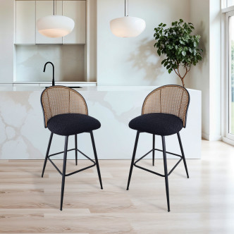 Lot de 2 tabourets tissu bouclette noir et pivotant 360 ° en cannage de rotin - Neo