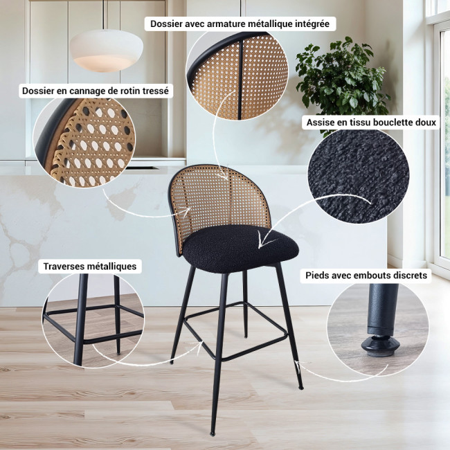 Lot de 2 tabourets tissu bouclette noir et pivotant 360 ° en cannage de rotin - Neo
