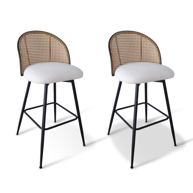 Lot de 2 tabourets tissu bouclette blanc et pivotant 360 ° en cannage de rotin - Neo
