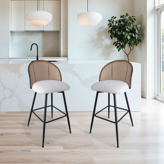 Lot de 2 tabourets tissu bouclette blanc et pivotant 360 ° en cannage de rotin - Neo