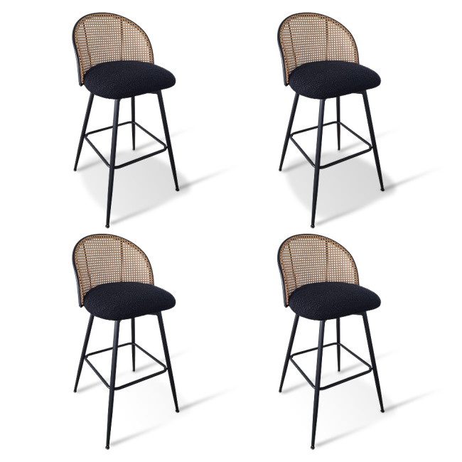 Lot de 4 tabourets tissu bouclette noir et pivotant 360 ° en cannage de rotin - Neo