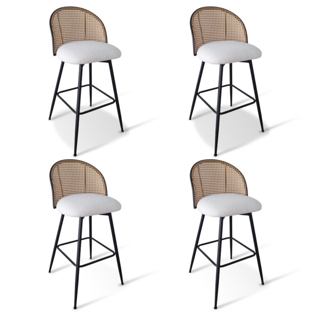 Lot de 4 tabourets tissu bouclette blanc et pivotant 360 ° en cannage de rotin - Neo