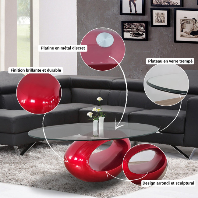 Table basse rouge et plateau en verre Symbiose - Design Original