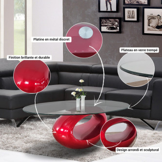 Table basse rouge et plateau en verre Symbiose - Design Original