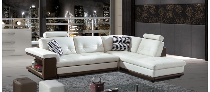 Canapé d'angle droit convertible en cuir blanc et taupe - Lumia